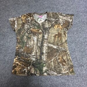 Game Winner T-Shirt Womens Size L Brown RealTree Camo Short Sleeve Outdoor Top